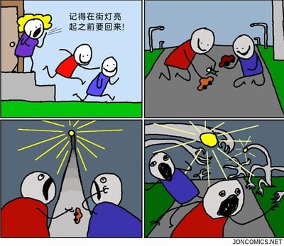 这是一组四格暗黑反转类卡通漫画：第一格：黄头发紫衣服的妈妈站在住宅门口，对着即将出门玩耍的红衣服、蓝衣服两个孩子大声叮嘱，让他们一定要在街灯亮起之前回家，两个孩子一脸兴奋地跑出去，完全没把叮嘱放在心上。第二格：两个孩子在路边的人行道上开心地摆弄着手里的玩具，脸上满是笑容，沉浸在玩耍的快乐中。第三格：天色变暗，路边的街灯突然亮起，两个孩子抬头看到亮起的街灯，脸上瞬间露出惊恐的表情，意识到妈妈的叮嘱并非只是普通的晚归提醒。第四格：反转的恐怖场景出现——亮起的街灯其实是外形诡异的怪物的头部，灯光是怪物发光的眼睛，大量长着细长肢体、外形惊悚的怪物从路边的暗处涌出来，朝着两个孩子扑去，孩子吓得张大嘴巴尖叫，拼命想要逃跑，场面充满惊悚感。