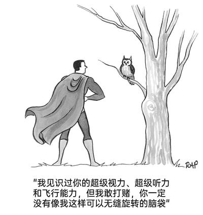 这是一幅黑白手绘幽默漫画，画面呈现了一位身着斗篷与紧身制服的超人风格超级英雄，双手叉腰、姿态严肃地站在一棵无叶的大树前，树枝上停着一只表情惊讶的猫头鹰。漫画下方的配文是猫头鹰对超级英雄的调侃：它提及超级英雄的超级视力、超级听力与飞行能力，却炫耀自己拥有超级英雄不具备的“无缝旋转脑袋”的专属能力。作品通过将超级英雄的经典超能力与猫头鹰的生物特性进行反差对比，制造出荒诞又贴合动物特点的笑点，以轻松的方式展现了不同“能力”的趣味性。