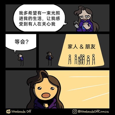 这是一则治愈系连环漫画：第一格中，穿着紫色连帽衫的女孩身处黑暗环境里，神情沮丧落寞，诉说自己渴望有一束光带来他人的关心；第二格中女孩疑惑地发出“等会？”的疑问，随后画面右侧出现暖黄色光束，光束下是标注为“家人&朋友”的简笔人群；第三格女孩被光束照亮，脸上露出惊讶又惊喜的神情。漫画传递出不要忽略身边家人与朋友的温暖，其实渴望的关心一直都在身边的治愈主题。