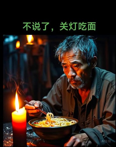 图片中一位头发花白的老人在昏暗的烛光下独自吃面条，表情悲伤而凝重。上方配有文字'不说了，关灯吃面'，生动展现了投资失败后的沮丧情绪。这张AI生成的图片完美诠释了中国股市著名的'关灯吃面'梗，通过视觉化方式呈现了投资者面对亏损时的无奈与悲凉。