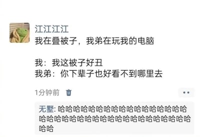 这是一张微信或聊天app的对话截图梗图。对话中，用户“江江江江”表示自己在盖被子，弟弟则在玩自己的电脑。随后自我感叹“我这被子好丑”，弟弟冷静补刀：“你下辈子也好看不到哪里去”。评论区“无墅”连发多串哈哈哈哈表达乐不可支，引发强烈共鸣。整图搞笑而生活化，体现出兄弟日常互怼的欢乐氛围和自嘲精神。

本图包含典型的自黑与家人互相吐槽梗，暗含“下辈子”谐音梗，虽然没有直接谐音，但对“丑”这个形容进行延伸。

没有明显政治、敏感或其他特殊暗示。