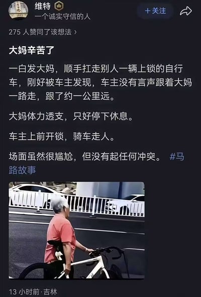 这是一则社交媒体发帖截图，发布用户昵称为维特，定位吉林，发布于13小时前，获得275人赞同。帖子内容讲述了一件趣味社会事件：一名白发大妈试图偷走他人上锁的自行车，直接将车扛走，刚好被车主撞见，车主没有当场戳穿，而是默默跟在大妈身后走了约一公里，等到大妈体力透支停下休息时，车主直接上前开锁骑车离开，全程没有发生冲突，场面十分尴尬。帖子下方配有实拍图，图中穿粉色短袖的白发大妈正扛着白色自行车站在马路边，身后是道路护栏和停放的车辆。