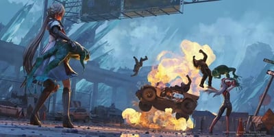 这是一幅以废土都市为背景的搞笑同人创作图，画面左侧是《少女前线2：追放》的角色，抱着一只大青蛙冷眼旁观眼前的混乱；右侧另一名同游戏角色举着青蛙，似乎正是这只青蛙引发了汽车爆炸。中间的越野车被剧烈爆炸掀飞，车上的人被炸得四散飞起，背景是损毁的高架桥、废弃车辆与破败的城市建筑，整体氛围荒诞搞笑，用青蛙作为“搞事”核心，制造出强烈的反差感，毫无逻辑的整活场景让人忍俊不禁。