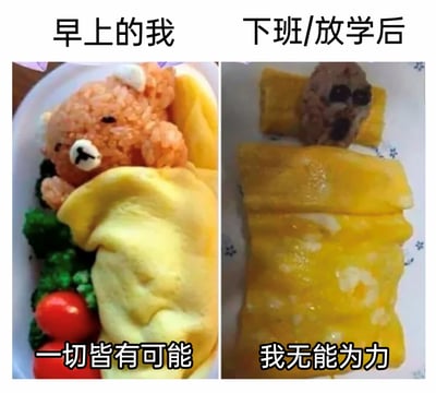 这是一张左右对比的梗图，左侧标注“早上的我”，展示了一份精心制作的创意蛋包饭：用米饭捏成的可爱小熊造型被蛋皮“被子”包裹，搭配西兰花和小番茄，下方配文“一切皆有可能”，表现出早上充满活力、对生活和工作学习充满信心的状态；右侧标注“下班/放学后”，是一份制作潦草的蛋包饭，饭团造型颓废，蛋皮也毫无章法，下方配文“我无能为力”，精准还原了经过一天忙碌后身心疲惫、无力应对的状态，通过料理的反差生动体现了打工人和学生群体早晚的心态变化。
