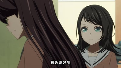 动画《MyGO!》中的场景，画面中有两位少女。左侧少女有着深棕色长发，低头看向下方，穿着棕色上衣；右侧少女为黑色短发，刘海整齐，有着绿色眼眸，身着棕色水手领校服，正直视前方。背景为浅色墙壁，疑似学校室内环境。画面底部有对白文字“最近還好嗎”（意为“最近还好吗”）。