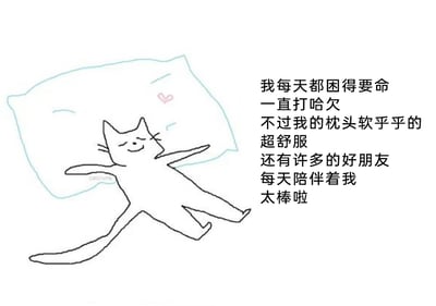 这是一张图文混排的手绘简笔画，画面左侧是一只线条简单的黑色手绘小猫，它眯着眼睛，一脸满足地四肢舒展躺卧在一个浅蓝色的软枕头旁，枕头表面还有粉色小爱心图案。画面右侧配有一段治愈系文字，讲述自己虽然每天困得打哈欠，但拥有软乎乎的枕头和好朋友的陪伴，感到十分幸福。整体风格简约温馨，传递出一种知足常乐、珍惜日常小确幸的温暖情绪。