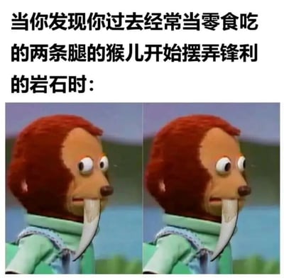 图片上方配有文字“当你发现你过去经常当零食吃的两条腿的猴儿开始摆弄锋利的岩石时：”，下方是两张左右排列的红色毛发木偶猴子的图片。猴子有着大大的圆眼睛和长长的白色獠牙，表情看起来有些惊讶和警惕，背景是模糊的自然景色。整体通过文字与图像结合，营造出一种反差萌的搞笑效果，暗示曾经被当作“零食”的弱小形象如今开始展现出潜在的“威胁”。