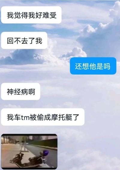 这是一张充满反转效果的聊天记录梗图。对话开始时，一方发送“我觉得我好难受”“回不去了我”，让另一方误以为是感情受挫，便询问“还想他是吗”，结果对方立刻愤怒回怼“神经病啊”，随后道出真相“我车tm被偷成摩托艇了”，并附上一张电动车被偷得只剩底座、形似摩托艇的照片。原本的伤感氛围瞬间转为搞笑的倒霉现场，强烈的误会反差制造出十足的笑点，生动展现了当事人发现电动车被破坏后的崩溃情绪。