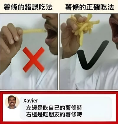 图片为左右对比结构，左侧标题为“薯条的错误吃法”，画面中一只手拿着一根薯条喂向张开的嘴，下方有红色叉号；右侧标题为“薯条的正确吃法”，同一只手抓着一大把薯条喂向嘴，下方有黑色对勾。底部红色边框内有用户“Xavier”的评论：“左边是吃自己的薯条时 右边是吃朋友的薯条时”，通过幽默对比调侃人们吃自己和朋友薯条时的不同态度，自己的薯条少量吃，朋友的薯条大量抓。