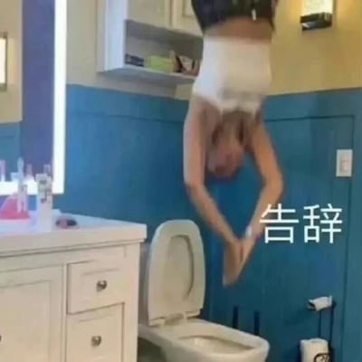 图片中一个人在卫生间里倒立在马桶上方，身体悬空，双手撑地。右侧有白色文字“告辞”，营造出一种荒诞又搞笑的氛围。这个姿势看起来既滑稽又危险，配上“告辞”的文字，形成了强烈的幽默效果。
