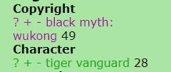 这是一张绿色背景的纯文字图，内容为两款热门游戏的计分对比：《黑神话：悟空》（black myth: wukong）的计分为49，《无畏契约》（图中拼写为"tiget vanguard"，应为"Valorant"的拼写失误）的计分为28，文字前带有"+ -"标记，推测是对两款游戏的正负评价或相关数据的统计，用于游戏玩家之间的对比讨论。