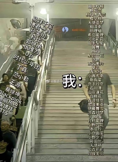 这张梗图以一张楼梯逃生照片为底图，将「我」置于楼梯前方，楼梯左右两侧分别标注了不同领域的知名人物：左侧是内娱、韩娱明星、网红、电竞选手、公众人物等，包括易烊千玺、时代少年团、蔡徐坤、Blackpink等；右侧是日本AV女优群体，包括河北彩花、桃乃木香奈等。通过这种场景化的呈现，夸张地表达了「我」不想被不同圈子的流量人物、各类网络信息轰炸，想要逃离的心情，是对当下信息过载、饭圈文化泛滥的一种调侃。
