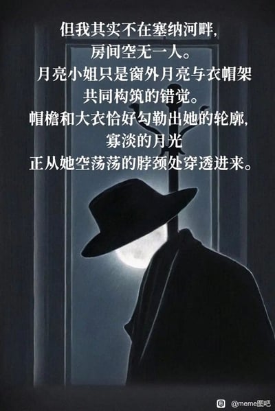 这是一张充满诗意氛围感的视觉错位创意图文，空荡的房间里，窗边的衣帽架搭配挂着的礼帽、大衣，在窗外月亮的映衬下，形成了仿佛戴着礼帽的“人形”轮廓，被称作“月亮小姐”。搭配的文艺文字构建出孤独又略带诡谲的场景：点明这只是衣帽架与月亮构成的错觉，寡淡的月光穿透这个“人形”空荡荡的脖颈，戳破幻象，传递出强烈的孤寂与清冷氛围。