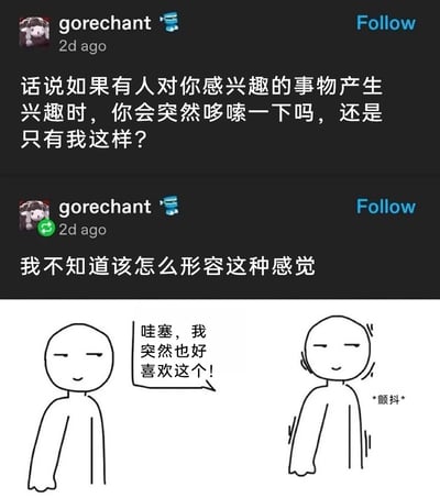 这是一组由社交平台动态和手绘漫画组成的趣味内容，上方是用户gorechant发布的两条动态，第一条询问网友：当有人对自己感兴趣的事物产生兴趣时，会不会突然哆嗦一下，疑惑是否只有自己有这种反应；第二条动态表示自己无法形容这种感觉。下方是手绘的火柴人漫画，左边的火柴人兴奋地表示“哇塞，我突然也好喜欢这个！”，右边的火柴人则呈现出颤抖的状态，标注了*颤抖*，生动具象地还原了用户描述的那种难以言说的奇特心理反应，展现了一种小众又微妙的情绪体验。