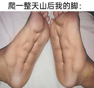 这是一张用于调侃爬山后疲惫感的搞笑P图，图片上方配有文字“爬一整天山后我的脚：”，主体是经过图像编辑的双脚脚底，脚底被P出大量深刻的褶皱，以极度夸张的视觉效果，来表现长时间爬山行走后脚部的酸痛、疲惫到仿佛“变形”的状态，用幽默的方式引发有过类似爬山经历的人的共鸣。