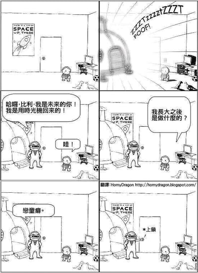 这是一幅四格黑白连环漫画，以黑色幽默的风格呈现故事。第一格中，小男孩比利身处贴有太空主题海报、摆放着电脑和恐龙玩具的房间里，一台时光机突然发出“ZZZT!ZZZT! POOF!”的声响出现在房间中；第二格，穿着宇航服的未来版比利从时光机中走出，向小比利自我介绍：“哈喽，比利，我是未来的你！我是用时光机回来的！”，小比利惊讶地喊出“哇！”；第三格，好奇的小比利向未来的自己提问：“我长大之后是做什么的？”；第四格，未来的比利给出了令人大跌眼镜的回答“恋童癖。”，随后立刻转身将房门锁上，只留下小比利在原地。整个故事利用强烈的反差感制造荒诞的黑色幽默效果，结局出乎意料，充满讽刺和戏谑感。
