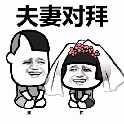 图片上方有黑色大字'夫妻对拜'，下方是两个跪坐的卡通化人物。左侧人物短发，下方标注'我'；右侧人物戴有红色花朵的婚纱头纱，下方标注'你'。两人均配有夸张的咧嘴大笑真人meme脸，整体风格幽默搞笑，用于调侃类似夫妻对拜的互动场景。