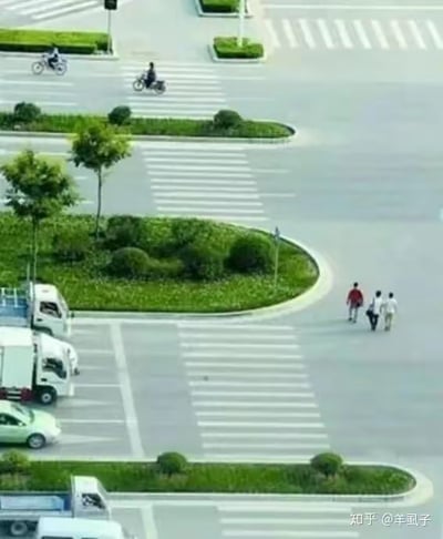 这是一张高空视角拍摄的城市路口实景照片，画面中包含多层城市道路与分隔绿化带。下方道路的斑马线，恰好与上方道路中行走的三位行人位置重合，形成了强烈的视觉错位效果，看起来仿佛这几位行人正走在没有路面支撑的“空中斑马线”上，实际行人所在的路面并没有斑马线，是不同层级道路的标线与人物位置巧合造就的趣味视觉错觉。