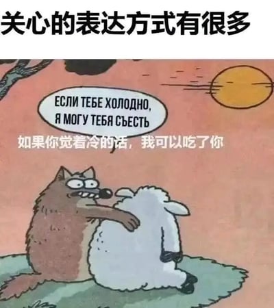 这是一张文字加注的单幅卡通静态图，顶部配有醒目的中文标题“关心的表达方式有很多”。画面主体是卡通风格的狼和羊，狼坐在地上，一只胳膊搂着身旁背对着镜头的羊，狼的表情狡黠，眼睛瞪大、露出牙齿，它的对话气泡内先是俄文内容，下方配有中文翻译“如果你觉着冷的话，我可以吃了你”。这张图利用强烈的反差感制造黑色幽默效果：将狼捕食羊的本能行为，包装成“关心”的另类表达方式，打破了大众对“关心”的常规认知，用荒诞的逻辑形成搞笑的梗点，适合用来调侃那些看似善意实则另有目的的行为，或是单纯以反差感博人一笑。