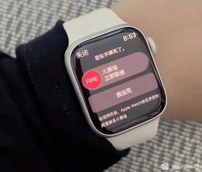 图片展示了一只佩戴在手腕上的智能手表（疑似Apple Watch），屏幕显示着一条荒诞的通知：“您似乎摔死了。” 下方有三个选项按钮，分别是“关闭”、“火葬场 立即联络”和“我没死”，底部小字注明“在您摔死后，Apple Watch会征求您的同意联络火葬场”。图片通过恶搞智能手表的摔倒检测功能，将原本的紧急联系功能夸张为联系火葬场，营造出幽默搞笑的效果。