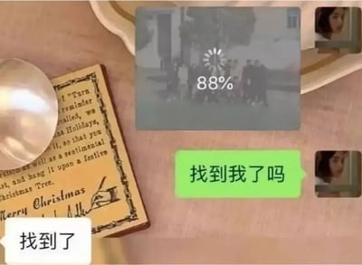 这是一张互动式趣味拼图图片，中心是一张黑白老照片，显示一群人站在一起，上方有88%的加载进度条。左上角有一张带有英文文字的圣诞贺卡，上面写着关于圣诞节的内容。右上角和右下角各有一个小图显示同一位女性的面部特写。图片中有两个对话气泡：绿色气泡写着“找到我了吗”，白色气泡写着“找到了”。整体构成一个“在照片中找人”的小游戏场景，用户需要在中央的老照片中找到与小图中相同的女性。