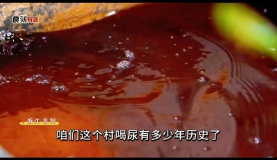 这是一张美食类节目的截图，画面主体是一盆盛放的红褐色浑浊液体，液体表面浮有气泡，视觉观感类似尿液，容易引发生理不适；画面左上角带有“食刻有味”的节目标识，左下角标注了地点为浙江东阳，底部配文为“咱们这个村喝尿有多少年历史了”，整体内容猎奇，因此被标注为不适宜吃饭时观看的NSFW内容。实际上该液体是浙江东阳当地特色传统食物童子尿煮鸡蛋的制作原料，属于当地民俗饮食相关内容。