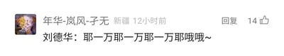 这是一张社交媒体评论区的截图，发布者用户名是“年华-岚风-子无”，显示发布地点为新疆，发布时间是12小时前。评论内容为模仿刘德华的语气重复喊出“耶一万耶一万耶一万耶哦哦~”，这条评论获得了14个点赞，界面还显示有“回复”按钮。整体是用户在社交平台玩梗，模仿知名艺人刘德华的语气制造趣味内容，没有双关、谐音梗等特殊暗示。