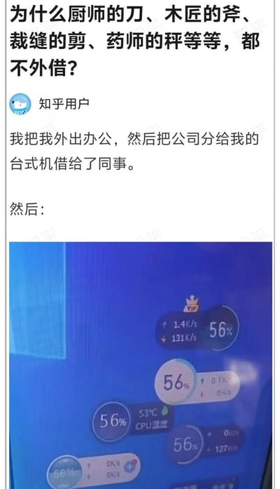 这张图结合了知乎上一则关于“为什么厨师的刀、木匠的斧等专业工具不外借”的提问，和一个网友的搞笑故事：他外出办公时把自己的公司分给的电脑借给了同事，结果电脑被同事各种监控工具的悬浮窗搞得乱七八糟，桌面重叠一堆“56%”的状态显示，被严重‘毁容’。图文形成了强烈反差和幽默感，暗示专业工具一旦外借会被用到‘面目全非’，也戳中了职场和工具私有感的话题。没有明显的谐音梗或双关，但“借工具=被祸祸”本身具有调侃意味。