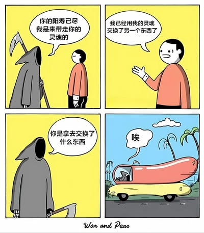 四格漫画描绘了一个黑色幽默场景：死神前来收割男人的灵魂，男人却得意地表示已用灵魂交换了其他东西。当死神疑惑地询问交换了什么时，画面转到死神驾驶着一辆造型滑稽的热狗车叹息。通过夸张的灵魂交易内容制造出意想不到的喜剧效果。