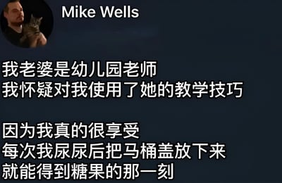 图片左上角为圆形头像，显示一名男子（Mike Wells）抱着一只猫，背景为深色。主要文字内容为：“我老婆是幼儿园老师 我怀疑对我使用了她的教学技巧 因为我真的很享受 每次我尿尿后把马桶盖放下来 就能得到糖果的那一刻”，通过幽默的方式描述妻子运用幼儿园教学中的奖励机制（如给糖果），让丈夫养成便后放下马桶盖的习惯，展现夫妻间轻松有趣的互动。