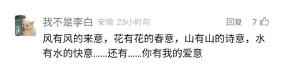 这是一张社交媒体评论区的静态截图，展示了网名为“我不是李白”、IP属地为安徽的用户在23小时前发布的一条评论。评论采用富有诗意的排比句式，依次描绘风的来意、花的春意、山的诗意、水的快意，通过对自然事物特质的赞美做铺垫，最后温情收尾，表达“你有我的爱意”，用浪漫委婉的方式传递爱慕之情。该评论获得了7个点赞，用户头像是一只从绿色杯子后方探出头的呆萌猫咪，整体氛围温馨治愈，充满浪漫感。