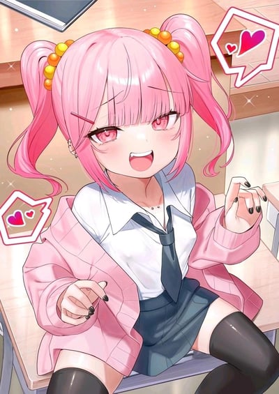 这是一张AI生成的二次元插画，画面呈现了教室场景里的粉双马尾JK少女：她扎着带有橙黄发饰的粉色双马尾，穿着白衬衫、灰领带、粉色开衫与深色短裙，搭配黑长袜，张着嘴露出虎牙，脸上带着红晕，表情兴奋又娇俏，双手做出可爱的抓握姿势，画面两侧还有带爱心的消息框特效，整体氛围甜系活泼，像是在向人传递喜爱的情绪。
没有双关、谐音梗或暗示内容。