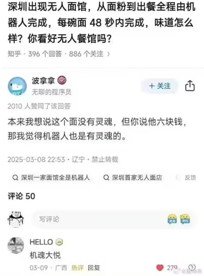 这是一张知乎平台的问答截图，上方提问内容为询问深圳新出现的全程由机器人制作、48秒即可出餐的无人面馆味道如何、是否值得看好，该问题有396个回答、886人关注。用户“波拿拿”（简介为无聊的程序员）发布的回答获得2010个赞同，内容调侃称本来想吐槽机器做的面没有灵魂，但得知一碗面仅售六元后就认为机器人做的面也有灵魂，反映出消费者对平价高性价比餐饮的接受度很高。下方热评用户“HELLO”回复“机魂大悦”玩梗呼应回答内容，截图右下角带有“@重神楽”的水印。
