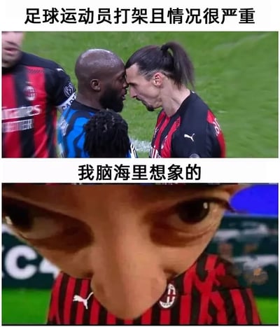 这是一张采用上下对比形式的搞笑梗图，上图呈现了意甲米兰德比赛场中，国际米兰球员卢卡库与AC米兰球员伊布拉希莫维奇额头相抵、近距离对峙的真实冲突瞬间，配文“足球运动员打架且情况很严重”，营造出紧张激烈的氛围；下图则是对伊布拉希莫维奇的面部进行夸张的P图变形，将脸部拉伸成近距离怼脸的搞笑效果，配文“我脑海里想象的”，通过现实中球员的对峙场景与人们脑补的夸张激烈画面形成强烈反差，用荒诞的视觉效果制造幽默，调侃了大众对足球运动员冲突事件的想象与现实的差距。