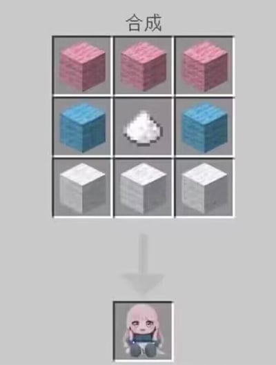 图片上方有“合成”字样，中间是一个3x3的九宫格合成界面，第一行三个粉色方块，第二行左右为蓝色方块、中间是白色云朵状方块，第三行三个白色方块。九宫格下方有一个向下的箭头，指向底部的粉色头发动漫女孩角色，她有着粉色长发，穿着深色衣服，正坐着。整体模仿了Minecraft的合成配方界面，将游戏元素与动漫角色结合，形成趣味合成梗图。