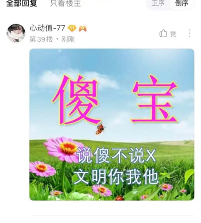 这是一张发布在国内社区论坛评论区的倡导文明用语的谐音梗图，发布者为论坛用户“心动值-77”，内容位于评论区第39楼。图片以蓝天白云下的草地与粉色花朵为清新背景，上方设置了醒目的粉色带黄边大字“傻宝”，下方搭配蓝色文字“说傻不说X，文明你我他”，通过谐音替换的方式，用“傻宝”指代不文明的辱骂性词汇，以轻松趣味的形式呼吁网友在交流中使用文明用语，共同维护文明的网络交流环境。