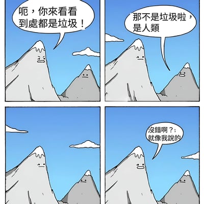 这是一幅四格连环漫画，描绘了两座带有简单面部表情的山峰在对话。第一格中，较高的山峰皱眉说道：“呃，你來看看到處都是垃圾！”；第二格中，较矮的山峰平静地回应：“那不是垃圾啦，是人類”；第三格是沉默的画面；第四格中，较高的山峰带着疑惑的表情说：“沒錯啊？就像我說的”。漫画通过拟人化的手法和双关语，以幽默的方式讽刺人类对环境的破坏，暗示人类活动对地球造成的负面影响如同垃圾一样遍布各处。