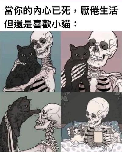 这是一张由四格画面组成的卡通插画，顶部配有文字“当你的内心已死，厌倦生活但还是喜欢小猫：”，用骷髅形象指代对生活失去热情、内心倦怠的人，通过四个场景展现这类人与小猫的相处日常：第一格是骷髅温柔地抱着黑猫，脸上带着温和的笑意；第二格骷髅换了个姿势抱着黑猫，脖子上戴着写有“BLACK CAT”的项圈；第三格黑猫伸出爪子拍向骷髅的脸，骷髅依旧保持笑容；第四格是骷髅躺在床上，手里抱着杯子，怀里还有一只花斑小猫，画面温馨治愈。整体用骷髅的“丧”和对小猫的温柔形成强烈反差，精准表达了即使对生活失去热情，小猫也能成为支撑自己的温暖慰藉，引发有类似情绪的养猫人群的共鸣。