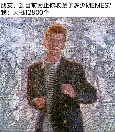 这是一张趣味MEME梗图，上方呈现一段日常对话：朋友询问“我”收藏的MEMES数量，“我”回应大概有12800个；下方的主视觉是用12800张不同的MEME小图拼接成的马赛克风格图像，内容是经典Rickroll梗的主角瑞克·埃斯利（Rick Astley），他正做出《Never Gonna Give You Up》MV里的标志性跳舞动作。整张图用直观的马赛克拼贴形式呼应了对话里的“12800个MEMES”，将MEME收藏的数量和经典MEME形象结合，既玩了Rickroll的老梗，也生动展现了MEME爱好者大量收藏MEME的趣味场景。
