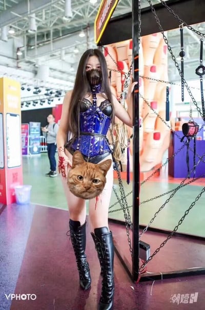 一位身着蓝色紧身衣和黑色长靴的女性在展会现场摆拍，她戴着面部遮挡物，手持一个猫咪头道具，道具上有红色类似血迹的装饰。背景中可以看到展会的其他布置和锁链装饰，整体风格偏向暗黑系cosplay。