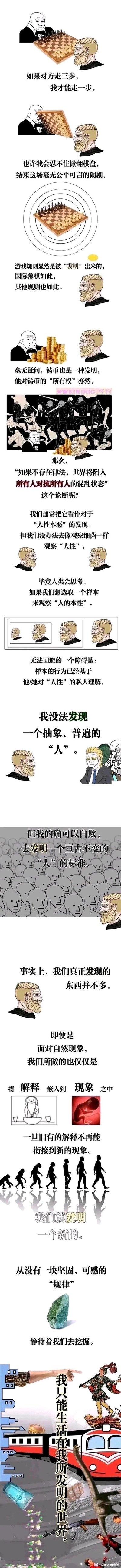 这是一幅竖版超长的连环图文漫画，以两个原创卡通人物的对话与旁白展开深度哲学思辨。开篇通过不公平的国际象棋规则引入，指出包括国际象棋在内的各类社会规则都是人为“发明”的产物；随后延伸到铸币与铸币所有权的人为属性，进而对“无律法则世界混乱”这一基于“人性本恶”的论断提出质疑，说明无法客观观察人性，人们会构建自欺的“人”的标准；接着阐述人类对世界的认知本质是将解释嵌入现象，旧解释失效时便发明新解释，不存在固有等待挖掘的客观规律；最终以“我只能生活在我所发明的世界”收尾，完整表达了对人类构建规则、认知体系的批判性反思，整体逻辑连贯，从具体场景逐步上升到抽象的哲学思考。
