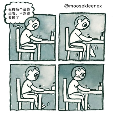 这是一组由四格组成的卡通连环漫画，描绘了久坐人群的尴尬日常：第一格中，一名卡通男子坐在桌前，内心独白表示自己必须换个坐姿，不然脚会废掉；第二格他将一条腿垂在桌下晃动，试图缓解脚部的不适；第三格他调整为双腿交叉的坐姿；第四格中，他皱起眉头、额头冒汗，露出痛苦的表情，显然这个新姿势并没有让他舒服，反而带来了新的不适，用夸张的方式调侃了久坐后无论怎么调整姿势都难以摆脱不适的无奈处境。
