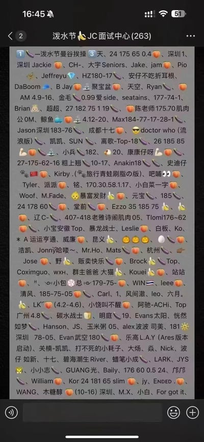这是一张名为“泼水节🍌JC面试中心(263)”的微信263人群聊的成员列表截图，列表内成员的昵称大多由数字（包含身高、体重、年龄、尺寸等个人身体条件数据）、茄子🍆、桃子🍑等暗示性emoji组成，部分昵称还标注了所在城市。
这类群聊属于男同性恋群体的私密交友社群，其中茄子🍆、桃子🍑是同性交友圈的暗示性符号，分别指代不同的性别角色倾向，数字则用于快速展示自身硬件条件，方便群内成员快速了解并匹配同好。