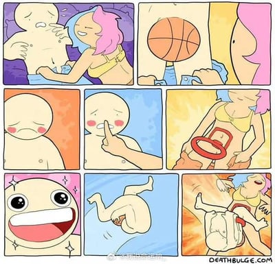 这是一组九宫格连环搞笑漫画，通过视觉错觉制造荒诞笑点：
1. 开篇粉发女生与光头男生亲密互动，男生面露紧张；
2. 女生拿出篮球，画面只露出男生下半身的篮球框结构，极易让人误解为亲密行为的道具；
3. 男生露出尴尬委屈的表情；
4. 有人用手指戳男生的脸，男生的委屈感更甚；
5. 画面反转，女生拿出完整的篮球框，揭晓此前的结构只是篮球框的一部分；
6. 男生瞬间变得兴奋起来；
7. 男生将自己套进篮球框中，像篮球一样被"投掷"出去；
8. 最后一格中，男生套着篮球框和女生一起，看起来十分欢乐。
整个漫画利用前期的视觉误导制造反差，最终的荒诞结局让人哭笑不得。