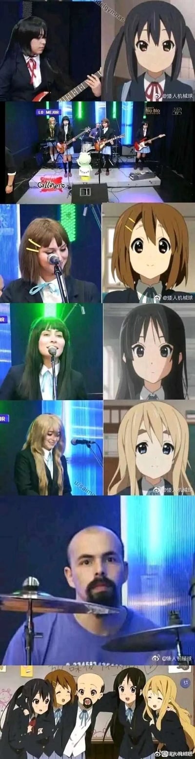 这是一组多图拼接的趣味内容，核心是国外乐队对日本动画《轻音少女》里樱高轻音部的cos还原：先是展示cos中野梓的成员与对应动画角色的对比，接着呈现乐队整体的舞台表演画面；随后依次放出cos平泽唯、秋山澪、琴吹紬的成员与各自动画角色的对比，还原度较高；最后登场的鼓手是一位光头大叔，与动画里活泼的田井中律形成强烈反差，结尾还配有将大叔P进动画角色群像的搞笑合成图，整体在还原动漫乐队的基础上，用鼓手的反差感制造出十足的笑点。