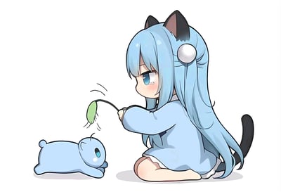 这是一幅软萌治愈的Q版卡通插画，画面中蓝发猫耳的猫羽雫跪坐在纯白背景上，眼眶带着淡淡的泪意，双手举着带绿叶的逗猫棒，逗弄面前趴着的同款浅蓝色小猫咪，小猫咪正好奇地盯着逗猫棒，整体画风可爱柔和，没有谐音梗、双关或其他暗示内容。