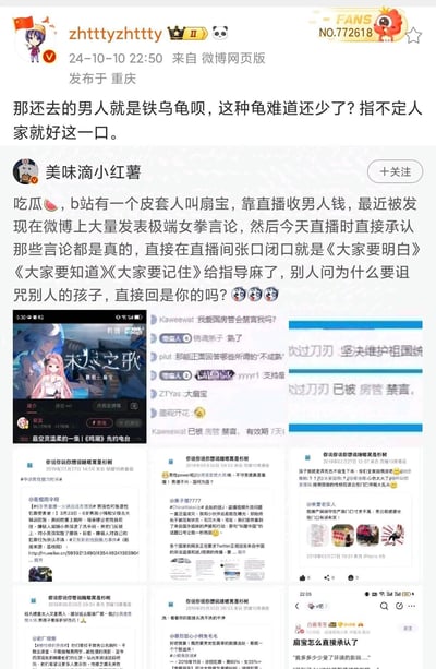 这是一组来自微博的争议事件截图集合，内容为网友爆料B站虚拟主播（皮套人）扇宝一边通过直播收取男性观众打赏，一边在微博发布大量极端女权言论，且在直播中公开承认这些言论属实，面对观众质问还做出不当回应。另有网友在评论区发表对该事件的看法，整体是网络吃瓜类的争议内容。