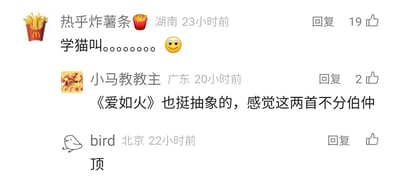 这是一张社交媒体评论区的静态截图，展示了三条来自不同地区网友的评论。来自湖南的用户“热乎炸薯条”提及了曾经爆火的网络洗脑歌曲《学猫叫》，该评论获得19个点赞；来自广东的用户“小马教教主”则表示另一首网络热歌《爱如火》同样“抽象”，认为这两首歌在风格和传播特点上不分伯仲，该评论获得2个点赞；来自北京的用户“bird”仅用一个“顶”字表达对相关观点的赞同。三条评论的发布时间集中在20-23小时前，整体呈现出网友对两首出圈网络热歌的趣味讨论氛围。