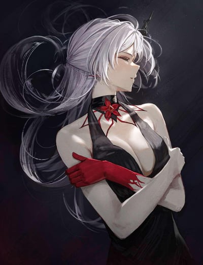 这是一幅二次元风格的同人插画，描绘了策略手游《明日方舟》中的六星近卫干员史尔特尔身着黑色露背礼服的形象。画面中她银白的长发在深暗背景下肆意飞扬，脖颈处的黑色项圈搭配着亮眼的红色花形装饰，与手上的红色手套形成呼应；她双臂环抱自己，双眼轻闭，神态沉静慵懒。画面通过明暗光影突出人物的身形线条，整体氛围冷艳优雅，极具氛围感。