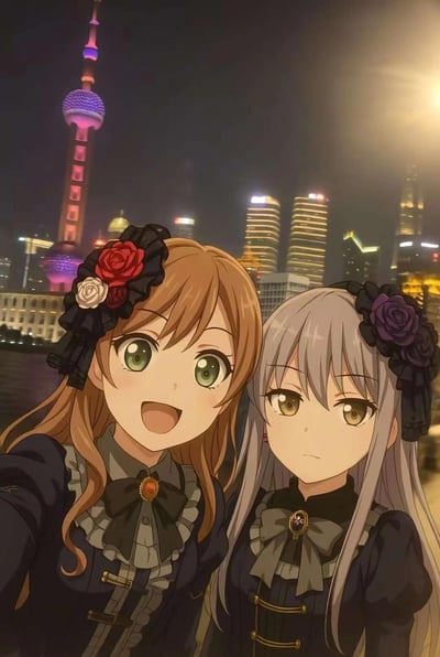 夜晚的上海外滩背景前，两位风格精致的二次元少女自拍合影。左边棕发绿眼的少女笑容灿烂，发间装饰着红、白玫瑰与黑色蕾丝饰件；右边银发棕眼的少女表情沉静，发间搭配深紫色玫瑰与黑色蕾丝，两人都身着带有复古洛丽塔风格的服饰。背景是亮着璀璨灯光的东方明珠塔与陆家嘴摩天大楼群，黄浦江水面倒映着城市灯火，整体氛围温馨，融合了二次元的软萌与都市夜景的繁华。